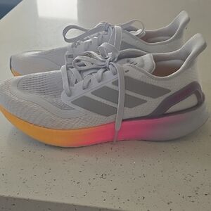 Adidas Pure Boost White and Gray Shoes with Vibrant Pink and Orange Accents New
